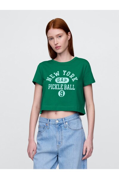 GAP Kadın Yeşil %100 Organik Pamuk VintageSoft Crop T-Shirt
