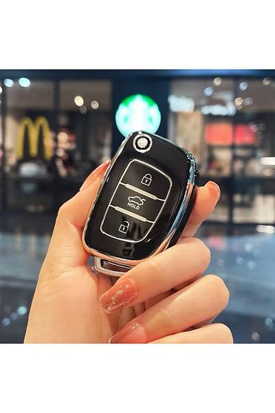 YıldızTuning For Hyundai Bayon I20 I10 I30 Ix35 Elantra Accent Tuscon Switchblade Key Case Cover Black-Silver