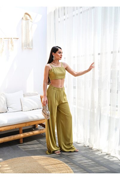 OUZ Fashion Women's Linen Gipeli Crop and Trousers Double Set
