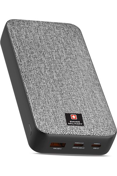 Swiss Military 20000mAh Power Bank, 20W PD Fast Charging, USB-C/USB-A, LED, Overcharge Protection – Grey