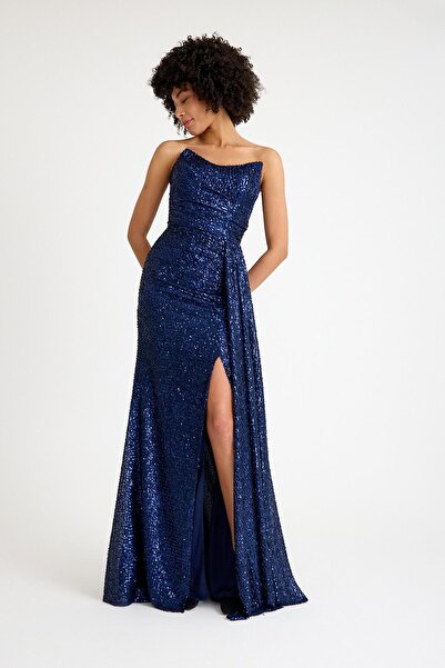 SpringStore Lacivert Straplez Payetli Abiye Elbise