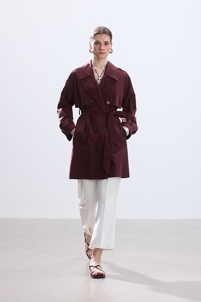 BE BLUE Claret Red Medium Length Classic Trench Coat with Belt