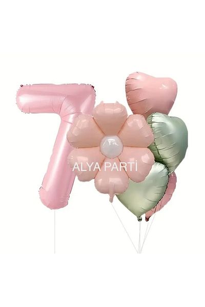 ALYA Σετ γενεθλίων με αλουμινόχαρτο με αριθμό PARTY με μπαλόνια ροζ μαργαρίτα και μπαλόνι καρδιάς