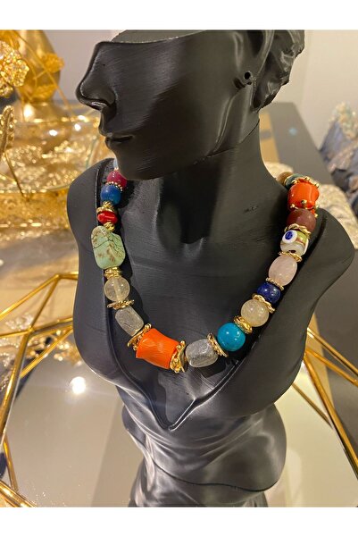 İME TİCARET Özel Tasarım Çok Renkli Büyük Taşlı Abiye Günlük Kolye