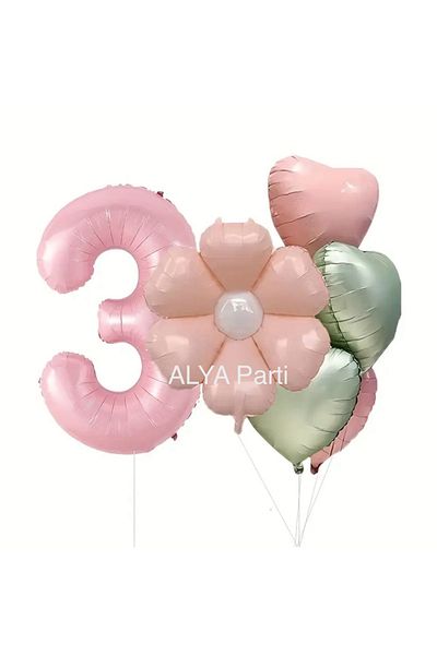 ALYA Σετ γενεθλίων με αλουμινόχαρτο με αριθμό PARTY με μπαλόνια ροζ μαργαρίτα και μπαλόνι καρδιάς