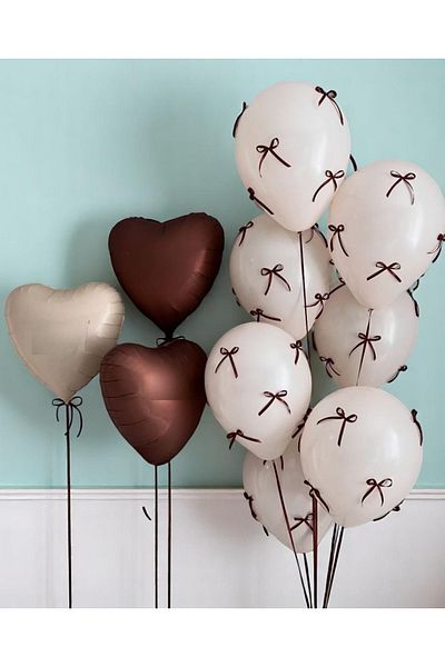 PartyPoo Brown Bow Ribbon Cream and Heart Balloon Set 10-Piece Birthday Set Bow Balloon