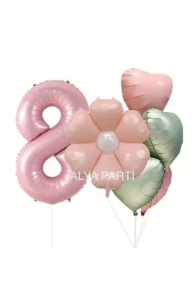 ALYA Σετ γενεθλίων με αλουμινόχαρτο με αριθμό PARTY με μπαλόνια ροζ μαργαρίτα και μπαλόνι καρδιάς