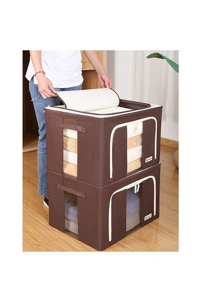 Flippy Storage Box 66 L, 50x40x33 cm, Textile With Window and Double Zipper, Metal Frame, Brown