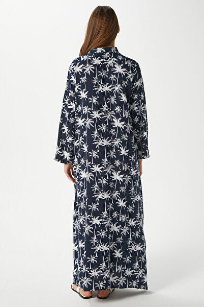 Ritnice Modest γυναικείο μακρύ φόρεμα παραλίας 100% βισκόζη Navy Blue Ecru με κουμπιά μπροστά