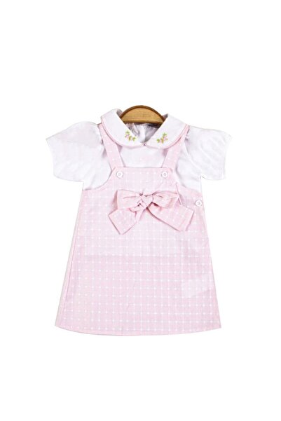 bebegen Kız Bebek Ekru Pembe Ekoseli Fiyonklu Jile Elbise Takım