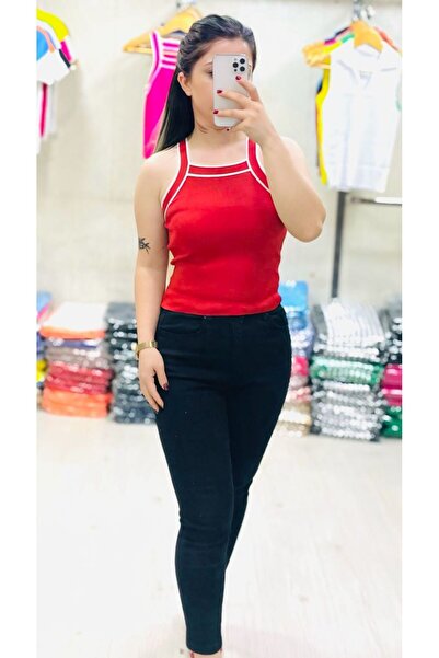 Butik Zeyoo Collection Women's Halter Neck Stripe Detailed Strap Crop