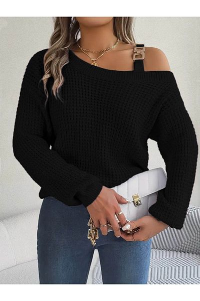 REKA MODA    Women's Long Sleeve One Shoulder Open Buckle Knitwear Blouse