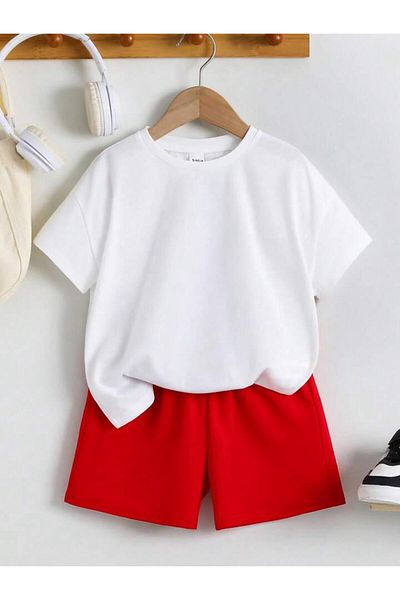 vinraus Girl\Boy White-Red Cool Rabbit Back Printed Combed Cotton Shorts-Tshirt Set
