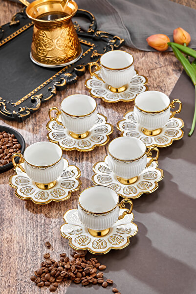 Cooker 90 ml Porselen 6'lı Kahve Fincanı Seti - Şık Tasarım Altın Yaldızlı Modern Fincan Takımı