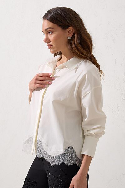 Setre Ecru 100% Cotton Lace Detail Long Sleeve Shirt