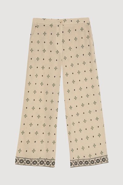 Quzu Ethnic Patterned Wide Leg Trousers Natural