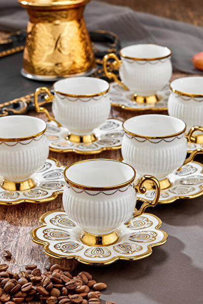 Cooker 90 ml Porselen 6'lı Kahve Fincanı Seti - Şık Tasarım Altın Yaldızlı Modern Fincan Takımı