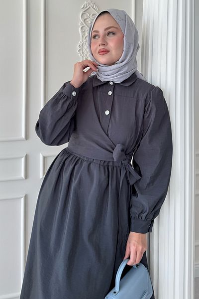 InStyle Φόρεμα με λεπτομέρεια με κουμπιά σταυρωτά δεμένα Modal Anthracite