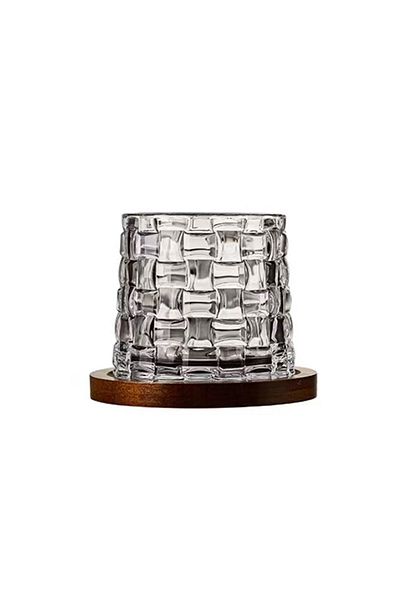 OEM Pahar pentru whiskey, Rotativ, cu baza din lemn, transparent, din sticla, 11 x 9.2 x 8 cm