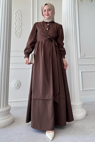 InStyle Тъмнокафява рокля от модал с копчета и кръстосана дантела