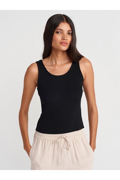 Dilvin 10748 Strappy Corded Fine Textured Knitwear Blouse-Black