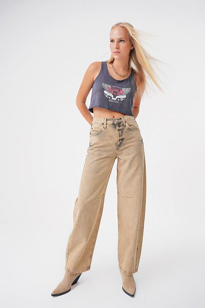 BPF Brown Vintage Wash Adjustable Buckle High Waist Baggy Skater Jeans