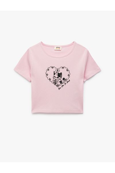 Koton Cat Printed Short Sleeve Crop T-Shirt