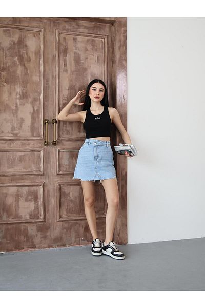 BPF Fusta de denim cu detaliu cu nasturi albastru deschis