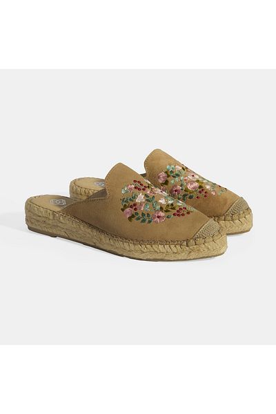 Desa Limited Edition Beige Women's Floral Embroidered Suede Espadrille Slippers