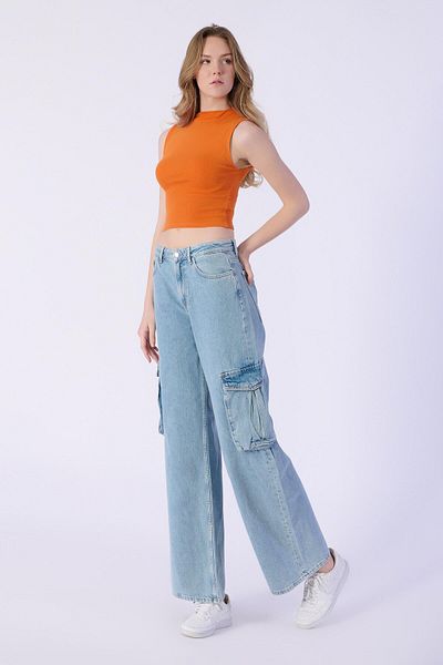 BPF Light Blue High Waist Wide Leg Trousers with Cargo Pockets