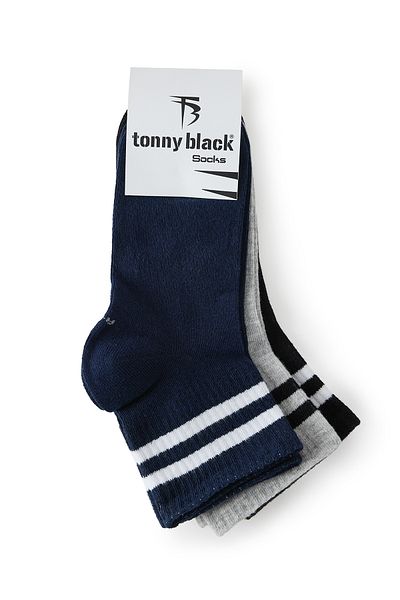 Tonny Black Унисекс черно-сиви тъмносини 3 чифта раирани памучни колежански чорапи