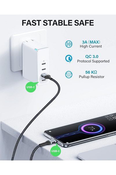 Vakoo USB C to USB C fast charging cable, nylon, 60W/3A, 1m