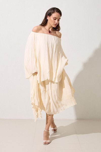 Setre Cream Relaxed Fit Blouse Midi Size Asymmetrical Skirt Suit