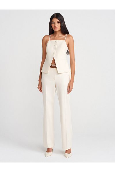 Dilvin 71656 Belted Straight Fit Trousers-Ecru