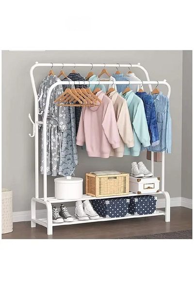 COOYA Clothes Organizer and Holder, Clothing Stand Metal, Garment Rack (white with Two Shelves)