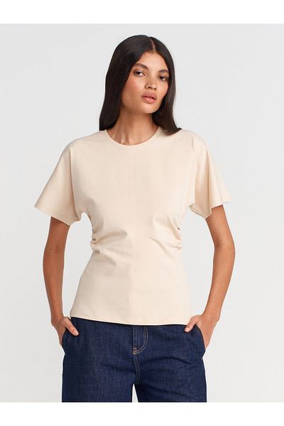 Dilvin 31585 Drape Detailed T-Shirt-Stone