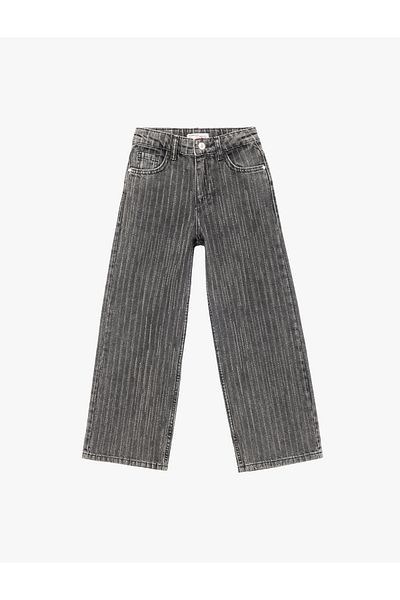 Koton Cotton Striped Buttoned Pocket Wide Leg Jean Trousers