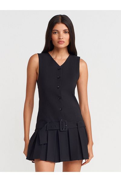 Dilvin 90915 Pleated Short Dress-Black