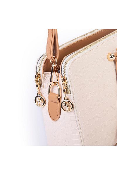 Nas Bag Geantă de damă, cu curea reglabilă, cu trei ochi, elegantă, crem, în relief Camel