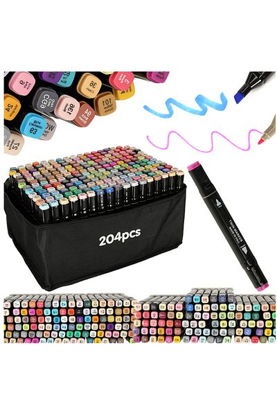 zola Set 204 markere, 2 capete subtire si gros, cu geanta de depozitare, multicolore