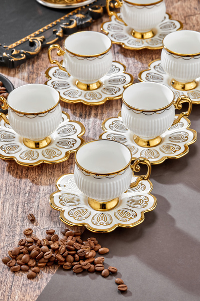 Cooker 90 ml Porselen 6'lı Kahve Fincanı Seti - Şık Tasarım Altın Yaldızlı Modern Fincan Takımı