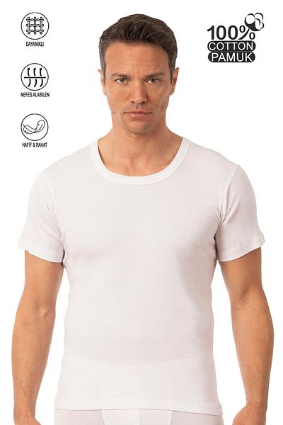 ÖZKAN underwear Özkan 0059 Men's 100% Cotton Single Jersey Fabric Open Neck Half Sleeve Undershirt
