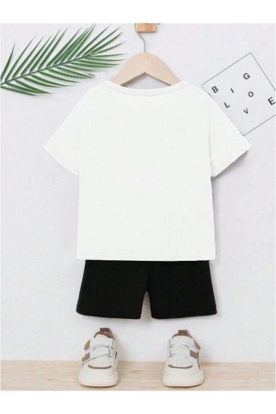 vinraus Girl\Boy White-Black 23Chicago Printed Combed Cotton Shorts-Tshirt Set