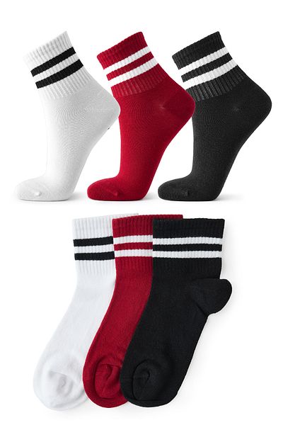 Tonny Black Unisex Λευκές Κόκκινες Μαύρες 3 Ζεύγη Ριγέ Βαμβακερές Κολλεγιακές Κάλτσες