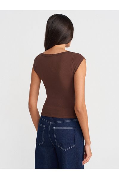 Dilvin 31809 Boat Neck Ribbed T-Shirt-Light Brown