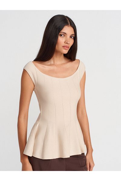 Dilvin 10741 Boat Neck Flounced Knitwear Blouse-Stone