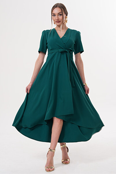 RURIS الزمرد الأخضر مزدوجة الصدر العنق غير المتكافئة تنورة ملفوفة قصيرة الأكم...