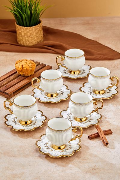 Cooker Set of 6 220 ml Porcelain Teacups with Stylish Design - Gold Gilded - Gift Option