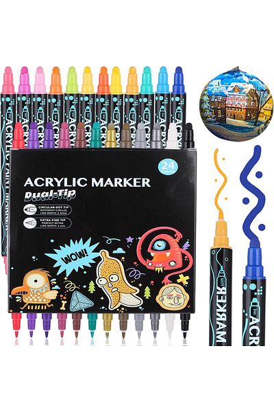 zola Set 24 markere acrilice,2 capete subtire si gros,varf 0.7 mm,pentru diverse suprafete,uscare rapida