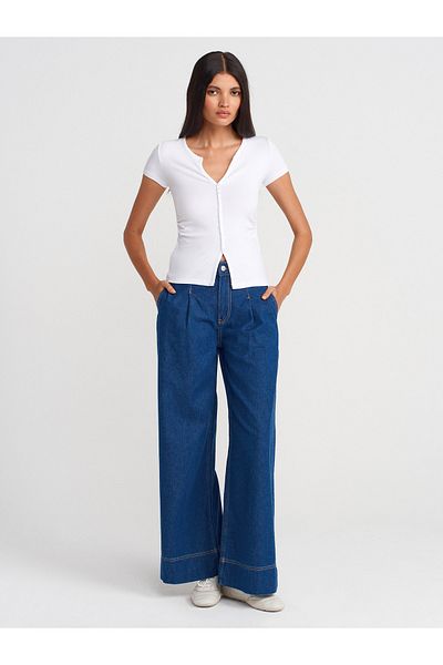 Dilvin 71984 Pantaloni din denim plisați cu picior lat - Albastru